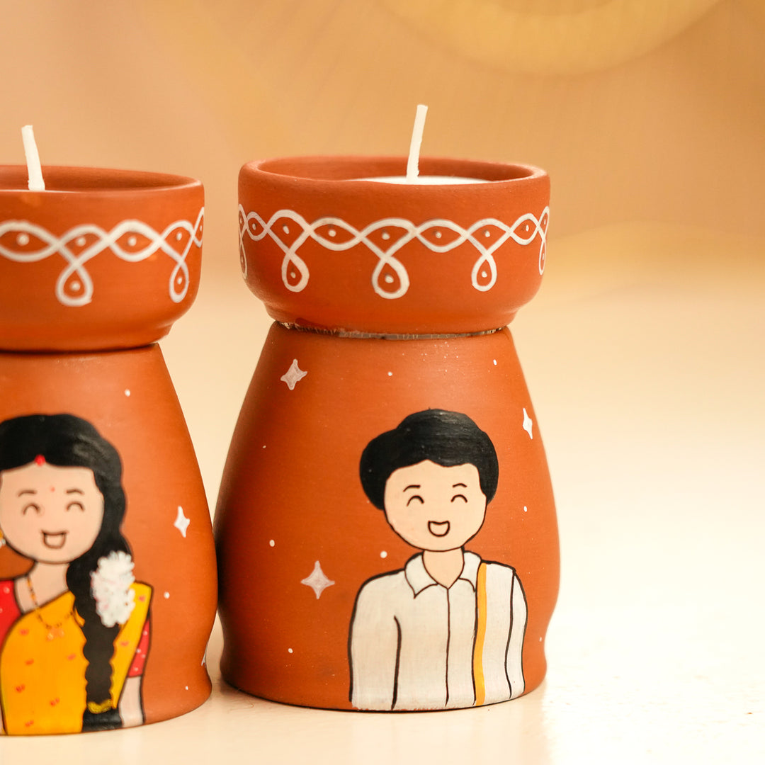 Hand-Painted South Indian Couple Terracotta Tealight Holder | Set Of 2