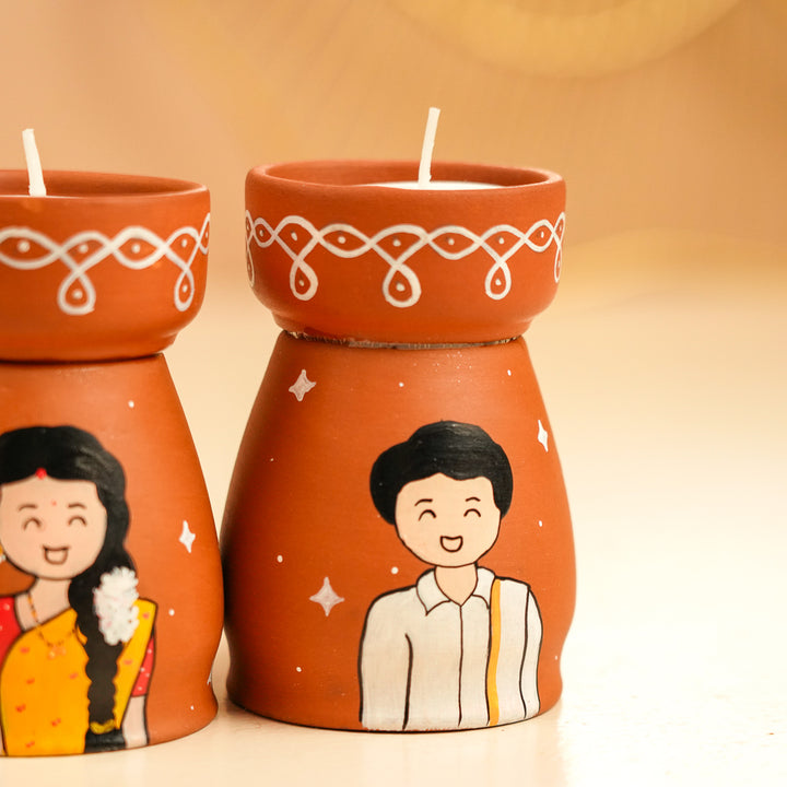 Hand-Painted South Indian Couple Terracotta Tealight Holder | Set Of 2