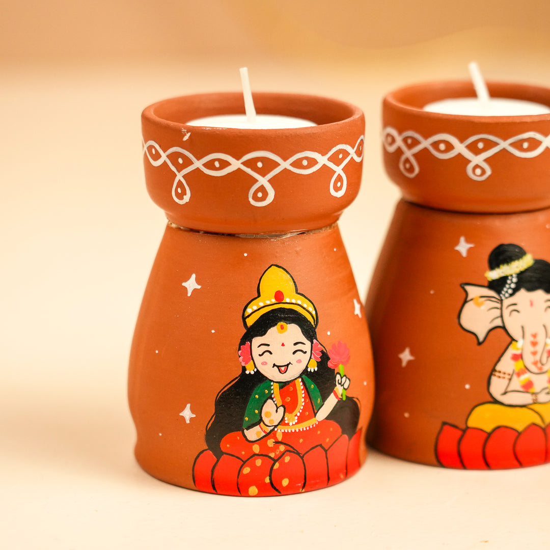 Hand-Painted Lakshmi & Ganapati Terracotta Tealight Holder | Set Of 2