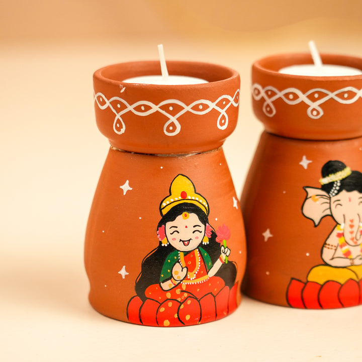 Hand-Painted Lakshmi & Ganapati Terracotta Tealight Holder | Set Of 2