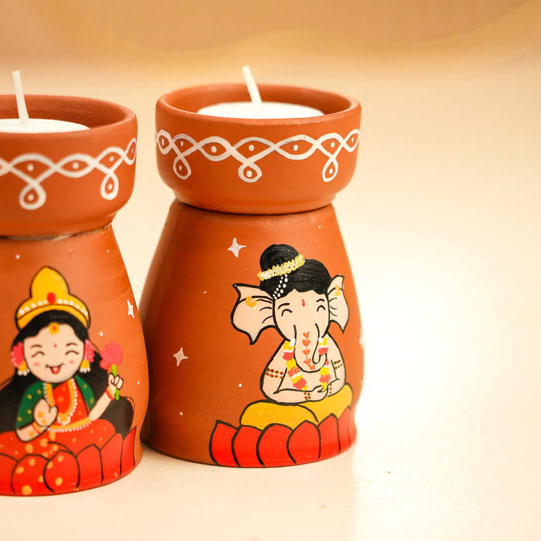 Hand-Painted Lakshmi & Ganapati Terracotta Tealight Holder | Set Of 2