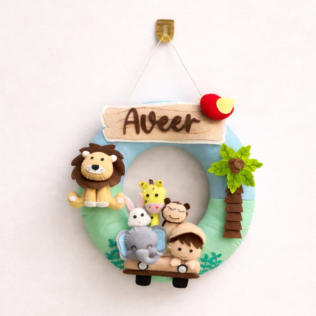 Personalized Jungle Safari Kids Felt Nameplate With Date Of Birth