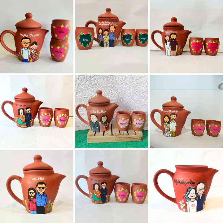 Milestone Anniversary Gift | Handpainted Clay Teaset With Photo Based Caricature