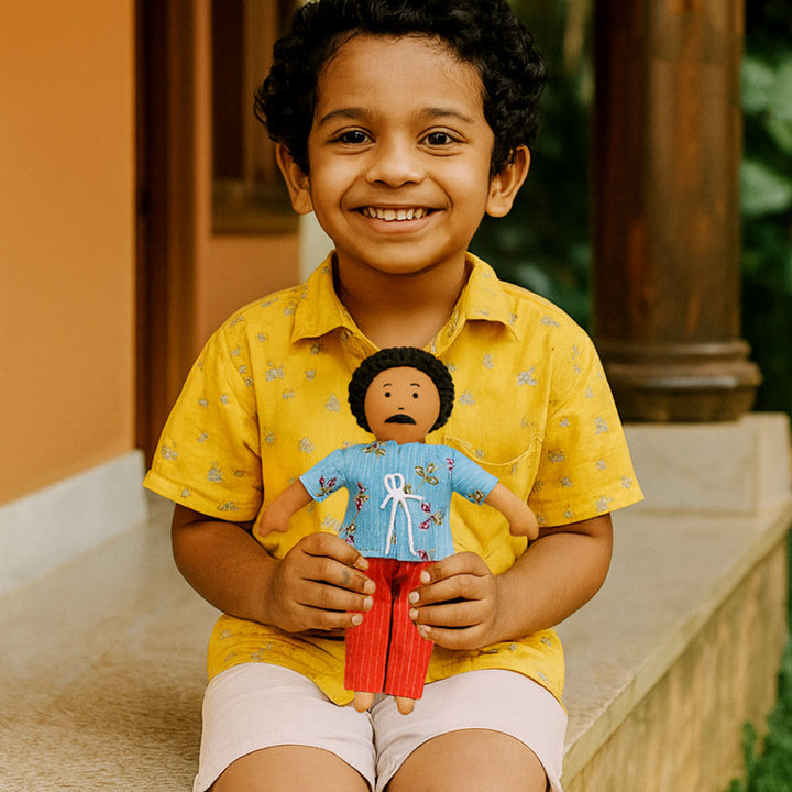 Nilah's Appa (Father) In Blue Shirt & Red Pant | Soft Hand-Stitched Sustainable Indian Play Doll