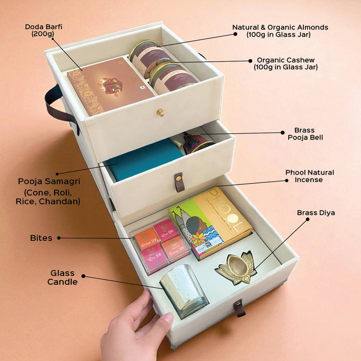 The Ivory Glow Diwali Gift Hamper | Includes 1 Doda Barfi, 2 Dry Fruit Jars, 1 Pooja Bell, 1 Pooja Samagri, 4 Assorted Bites, 1 Incense Cones Pack, 1 Brass Diya, 1 Candle, 1 Gift Box