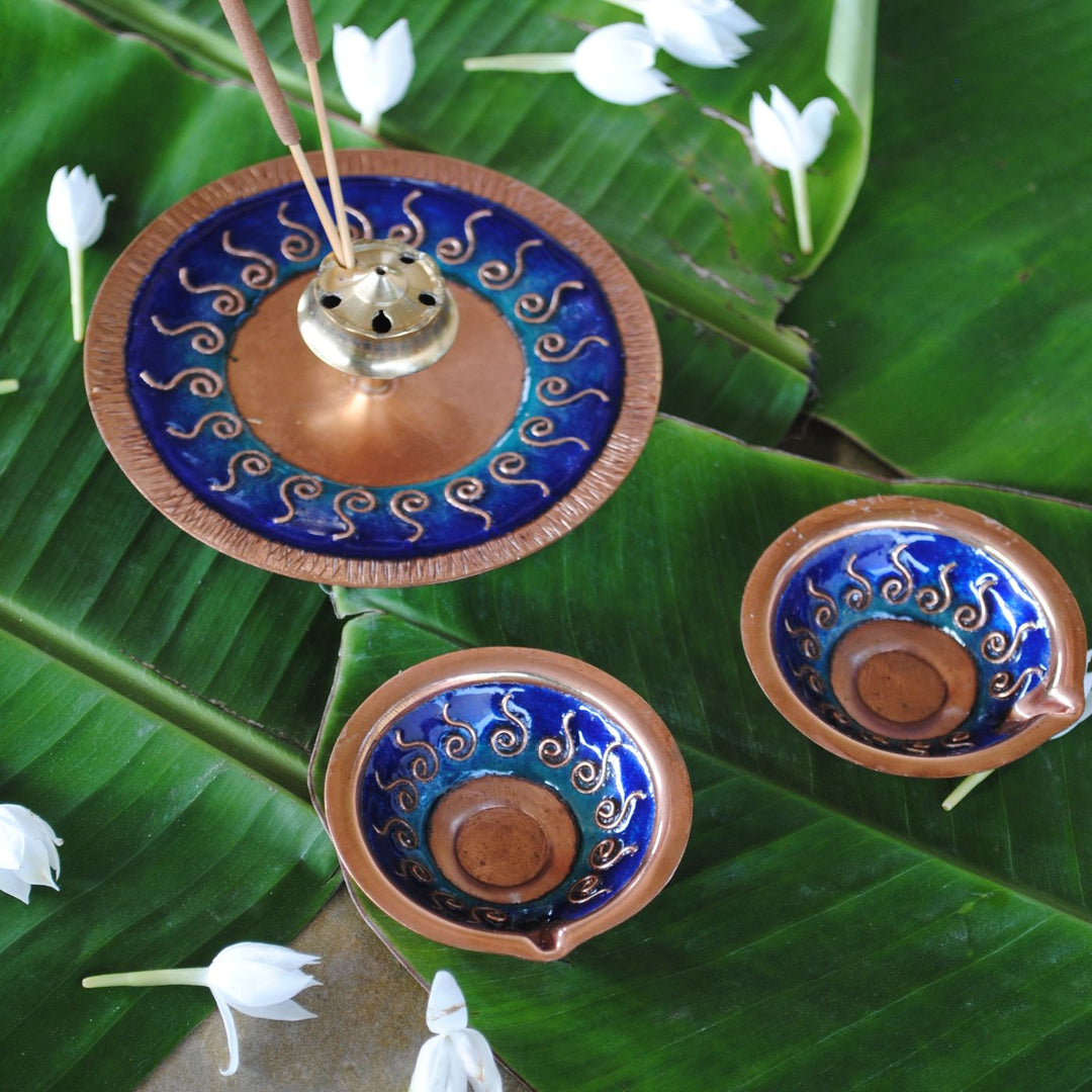 Blue Copper Enamel Diwali Pooja Decor Combo