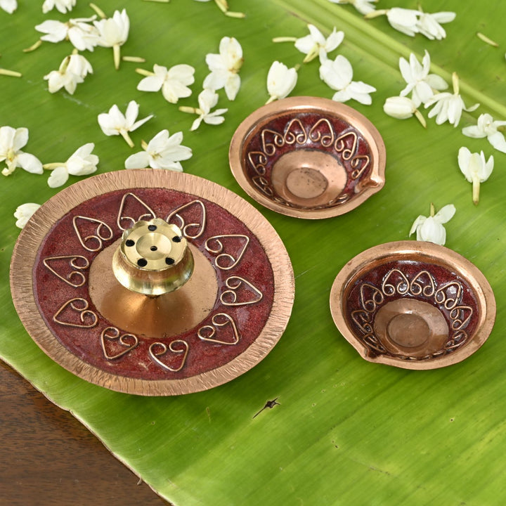 Red Copper Enamel Diwali Pooja Decor Combo