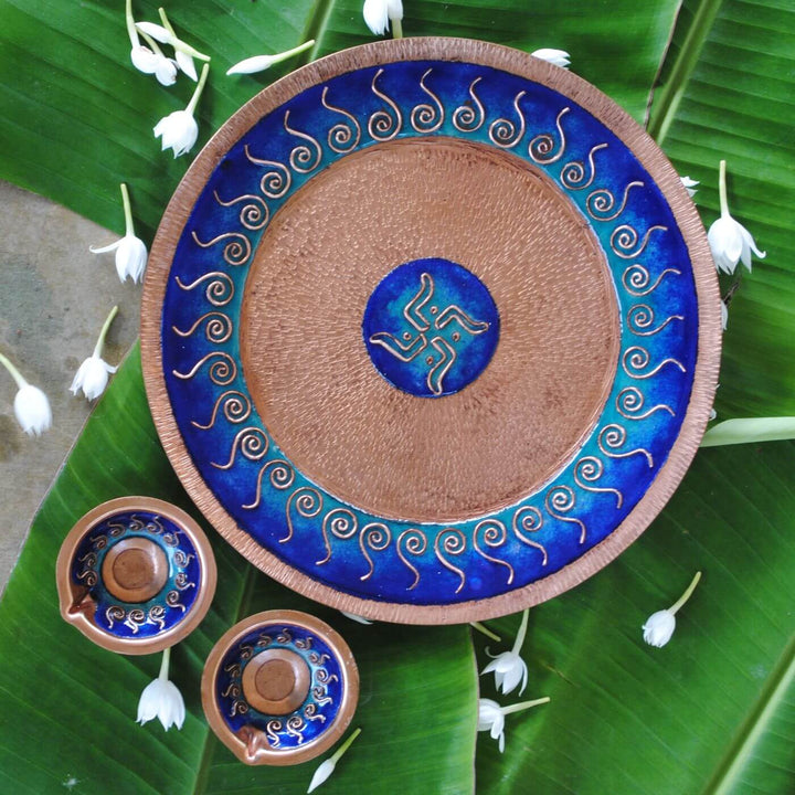 Blue Copper Enamel Diwali Pooja Decor Combo