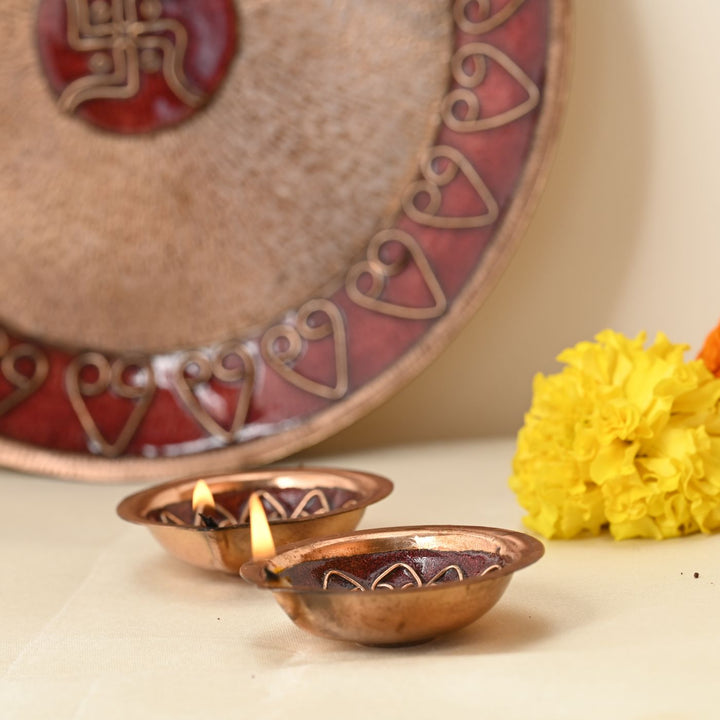 Red Copper Enamel Diwali Pooja Decor Combo