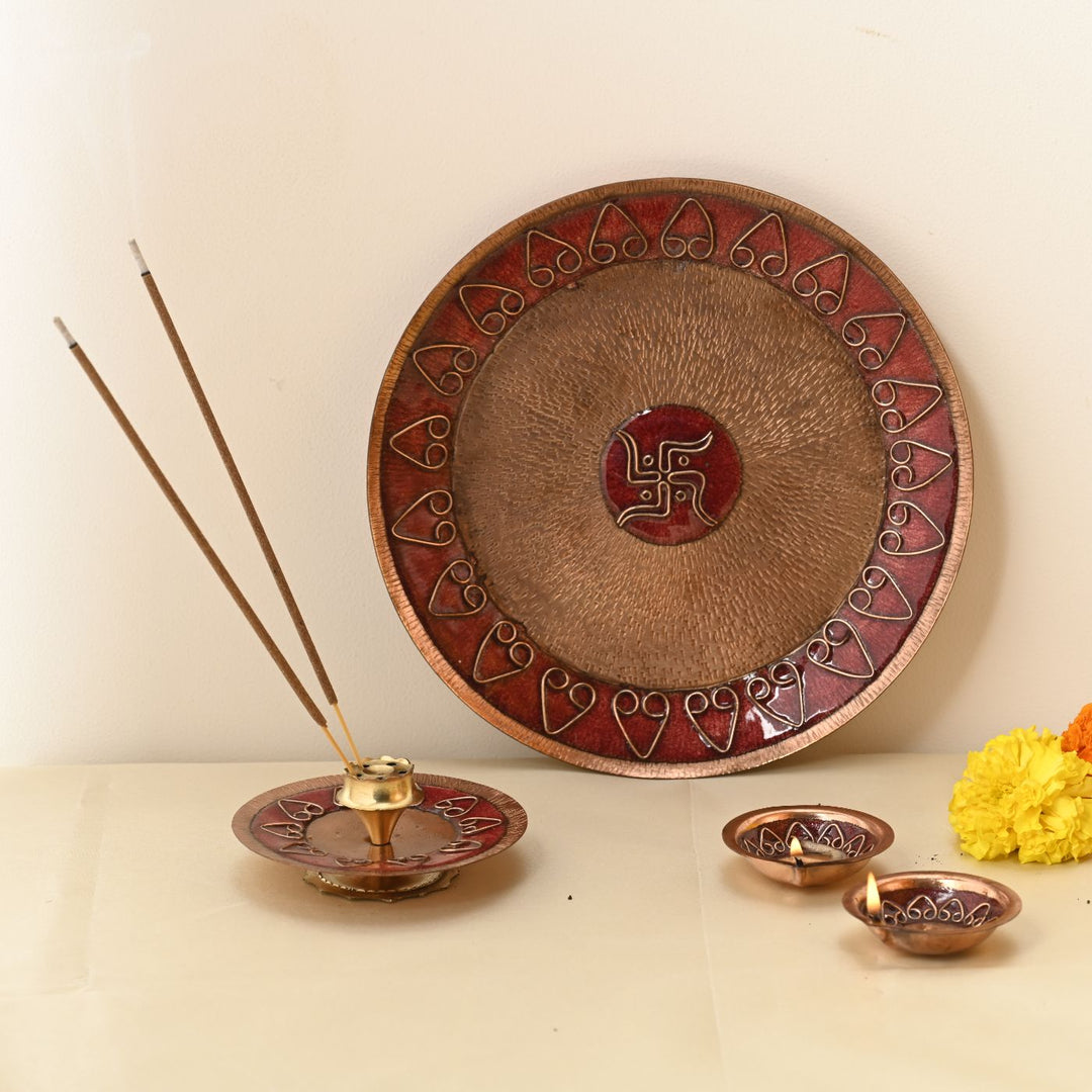 Red Copper Enamel Diwali Pooja Decor Combo