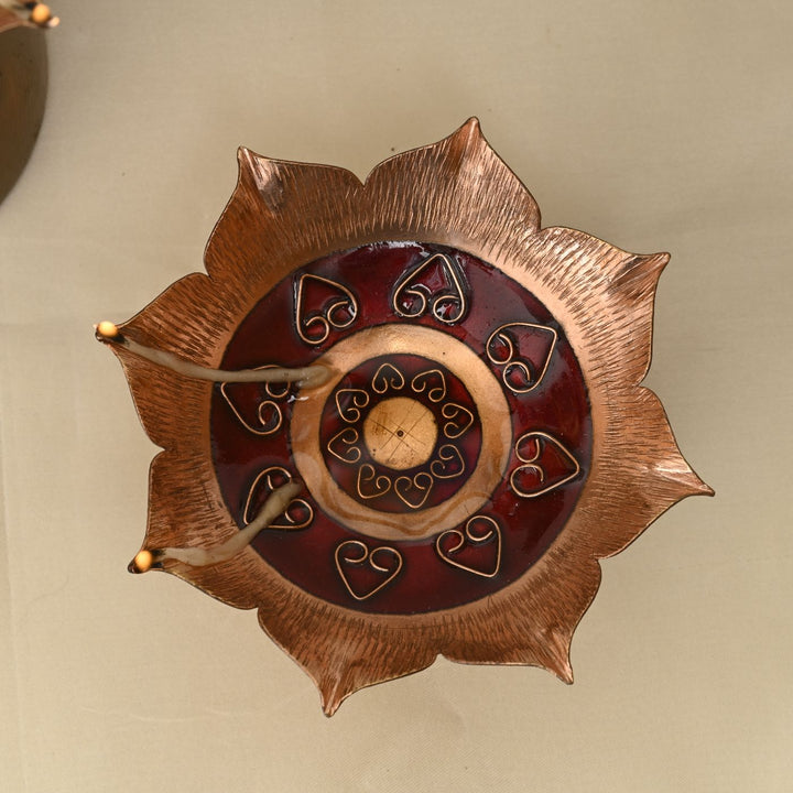 Copper Enamel & Mango Wood Festive Samai I Oil Lamp