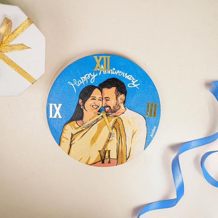 South Indian Couple Photo Personalized Handpainted Canvas Wall Clock
