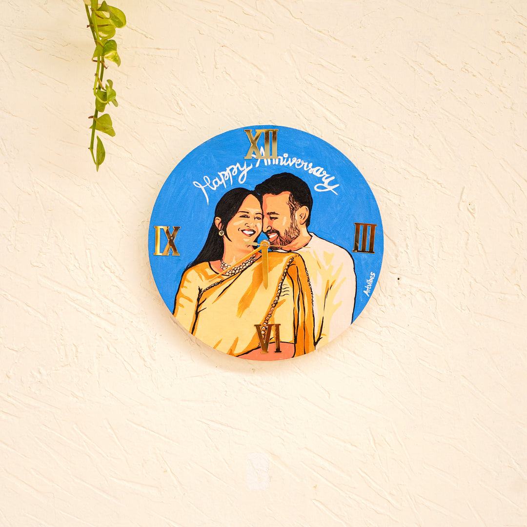 South Indian Couple Photo Personalized Handpainted Canvas Wall Clock