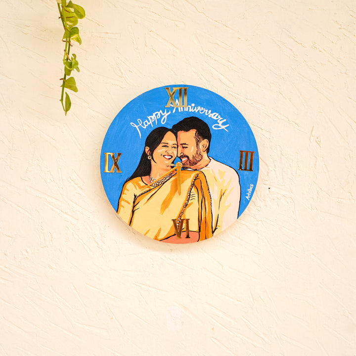 South Indian Couple Photo Personalized Handpainted Canvas Wall Clock