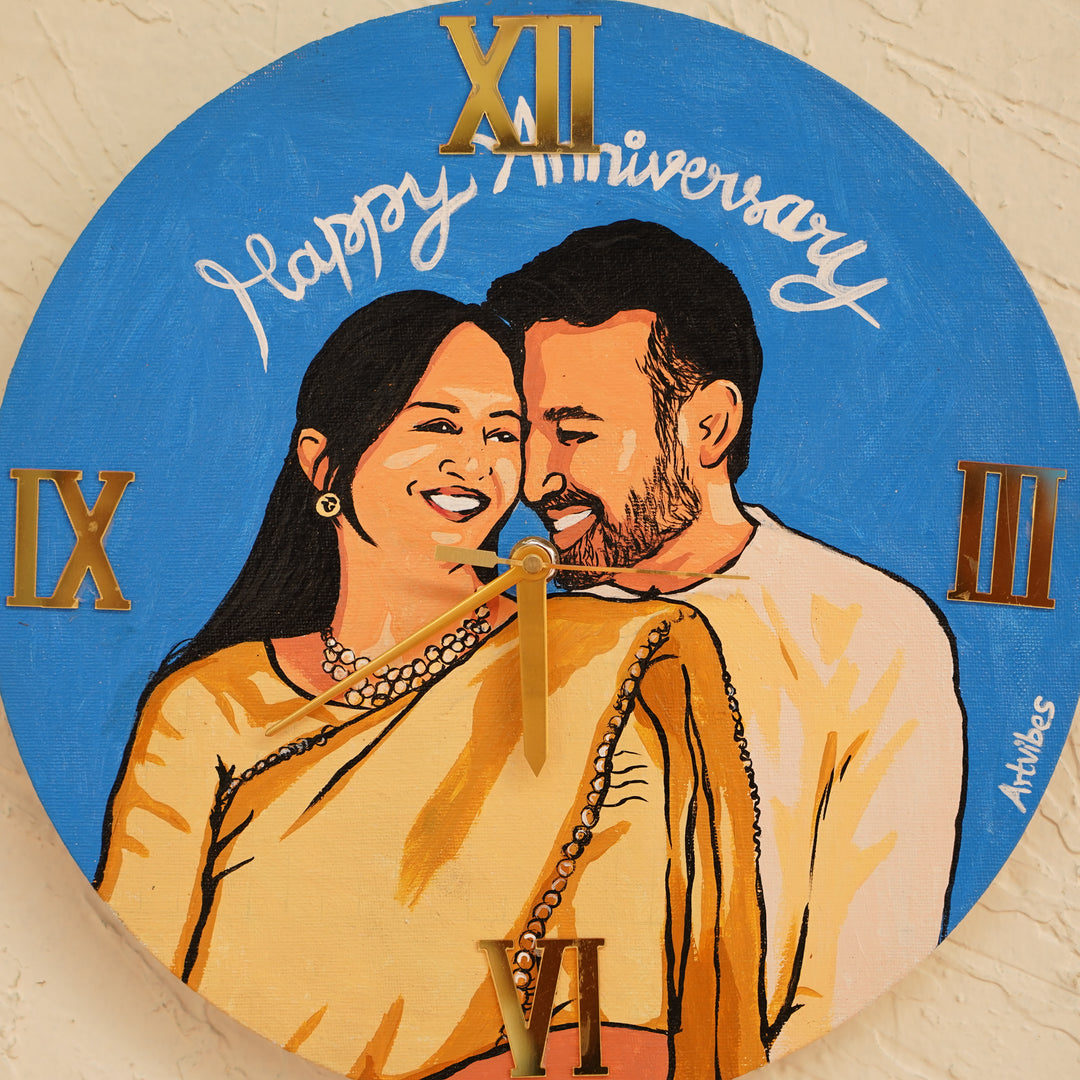 South Indian Couple Photo Personalized Handpainted Canvas Wall Clock
