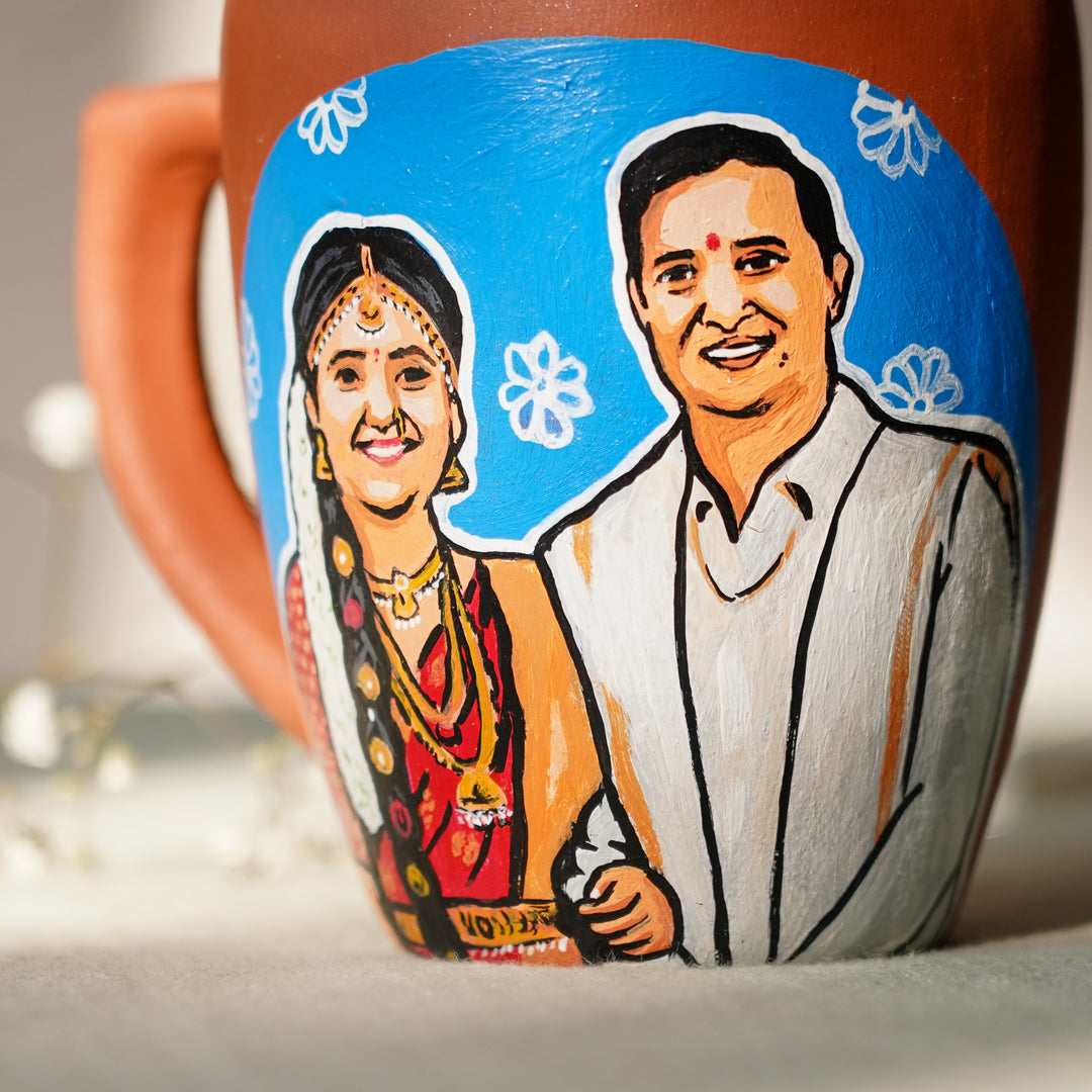 South Indian Couple Photo Personalized Handpainted Terracotta Mug | 280 Ml