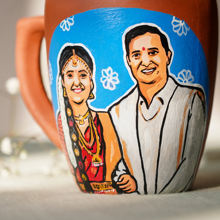 South Indian Couple Photo Personalized Handpainted Terracotta Mug | 280 Ml