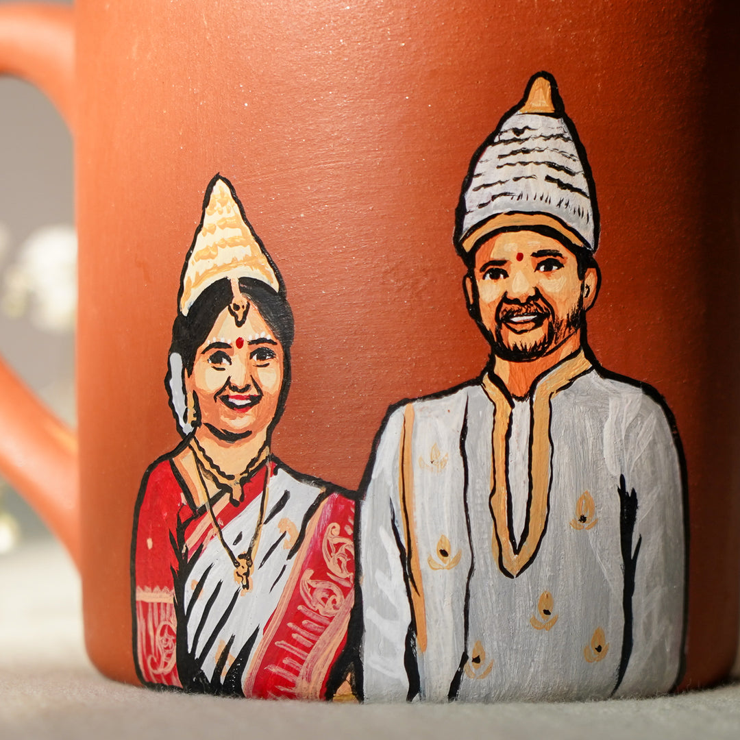 Bengali Couple Photo Personalized Handpainted Terracotta Mug | 280 Ml