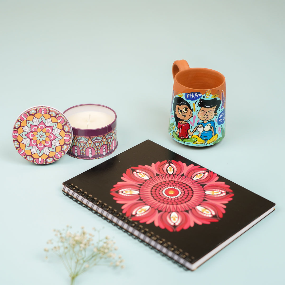 Personalized Handmade Gift Hamper For Sisters Includes 1 Diary 1 Mug And 1 Candle - Product Group Top View with Candle Open