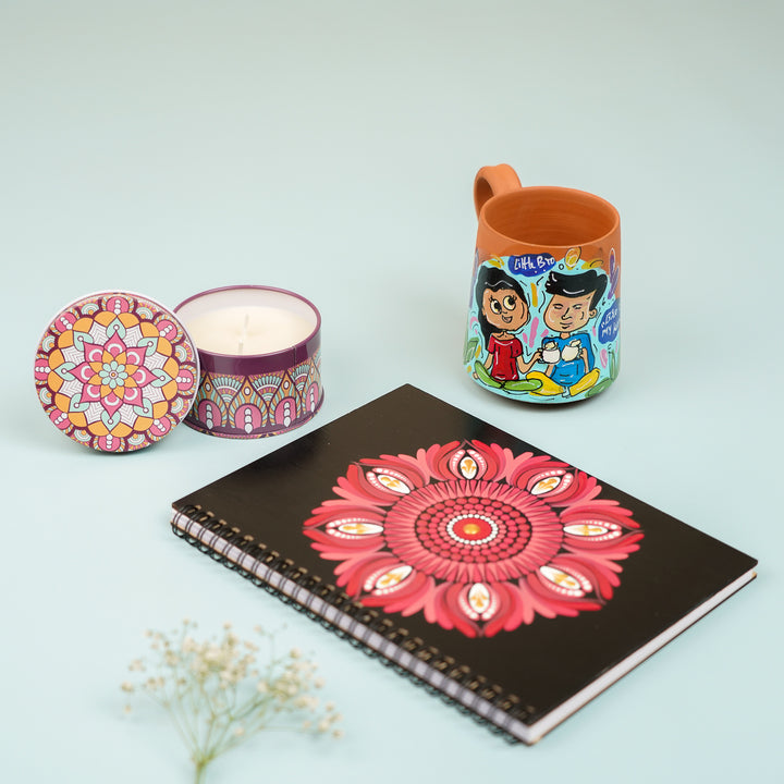 Personalized Handmade Gift Hamper For Sisters Includes 1 Diary 1 Mug And 1 Candle - Product Group Top View with Candle Open