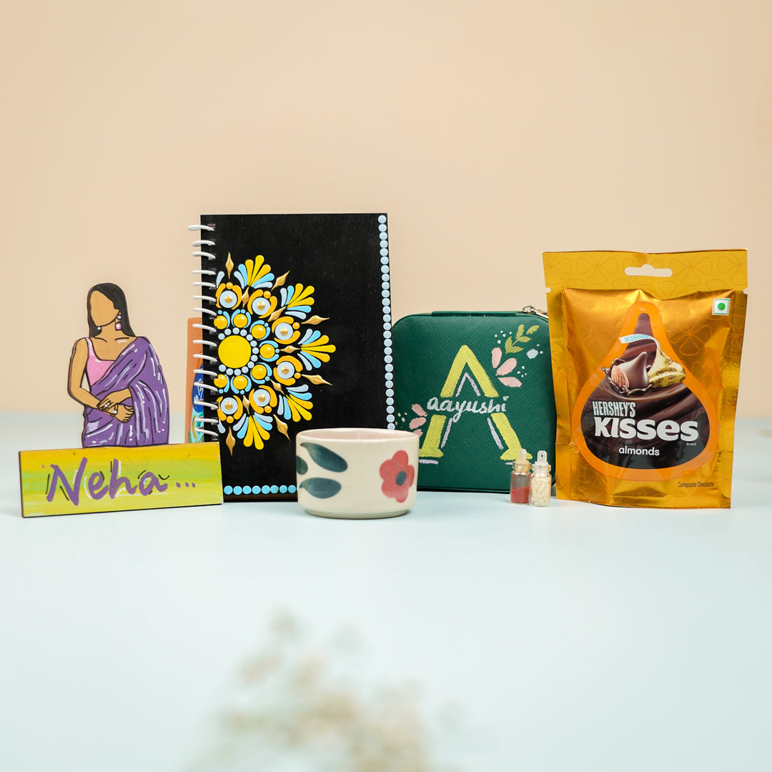 Personalized Handmade Gift Hamper For Sisters Includes 1 Jewellery Box 1 Diary 1 Mug 1 Fridge Magnet And 1 Chocolate - Multiple Products Front View Close-up