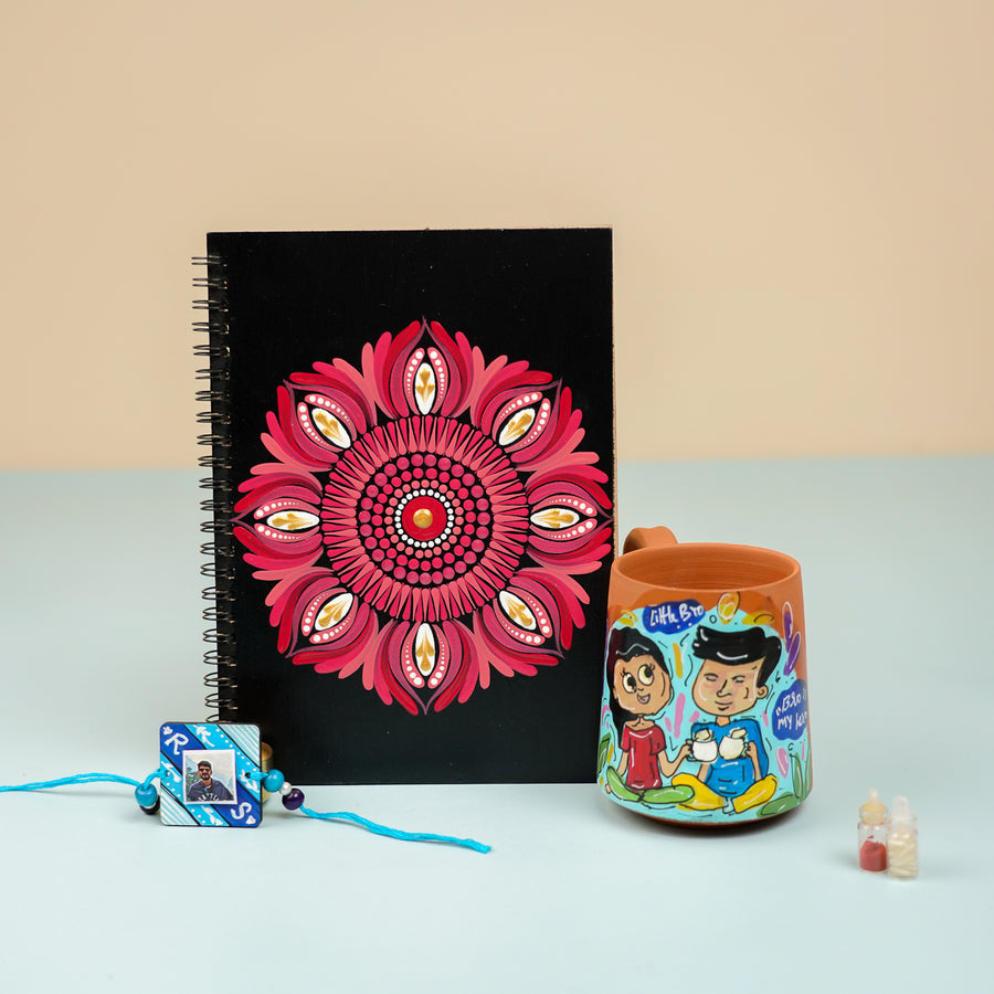 Photo Personalized Handmade Rakhi Hamper For Brother Includes 1 Rakhi 1 Diary 1 Mug - Product Set Front View