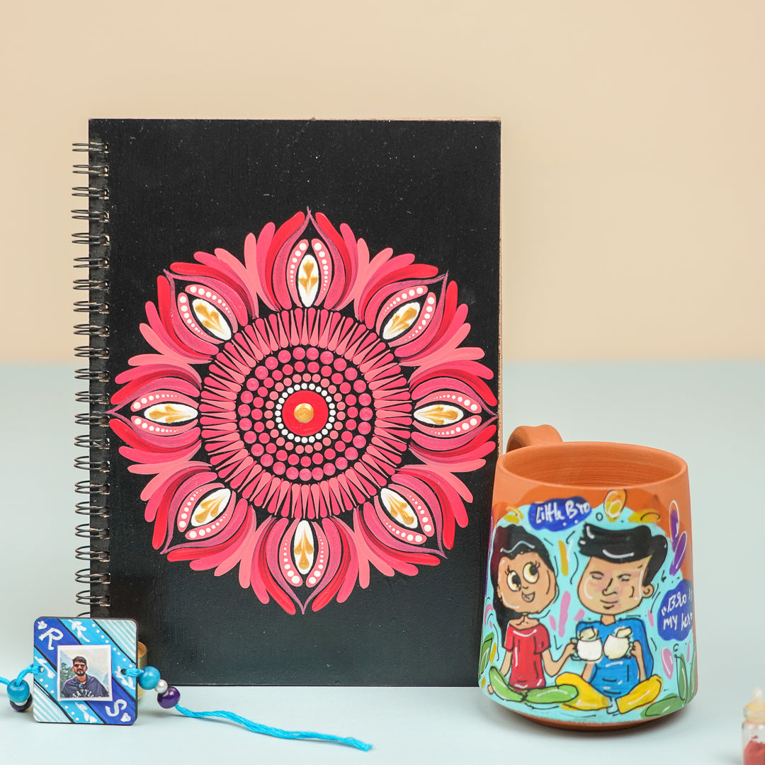 Photo Personalized Handmade Rakhi Hamper For Brother Includes 1 Rakhi 1 Diary 1 Mug - Product Set Close-up View