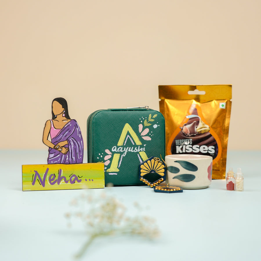Personalized Handmade Gift Hamper For Sisters Includes 1 Jewellery Box 1 Set Earring 1 Candle 1 Chocolate And 1 Fridge Magnet - Front View of Gift Set