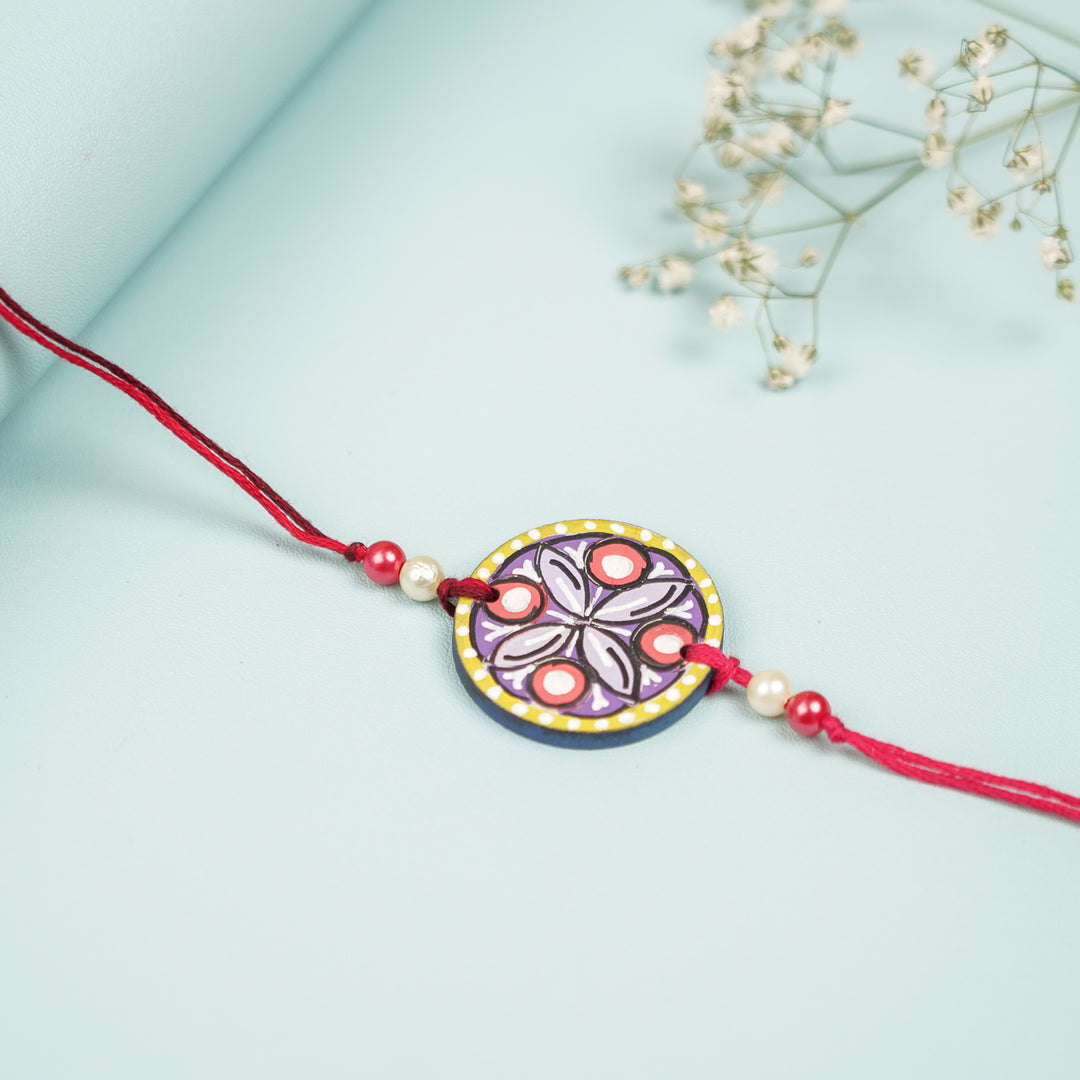 Customized Hand Painted Mandala Design Mdf Wood Rakhi - Close-up on Flat Surface (4)