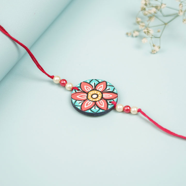 Customized Hand Painted Mandala Design Mdf Wood Rakhi - Close-up on Flat Surface