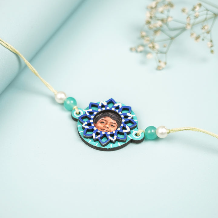 Photo Personalized Hand Painted Layered Mandala Design Mdf Wood Rakhi - Close-up Front View in Open Box Setting