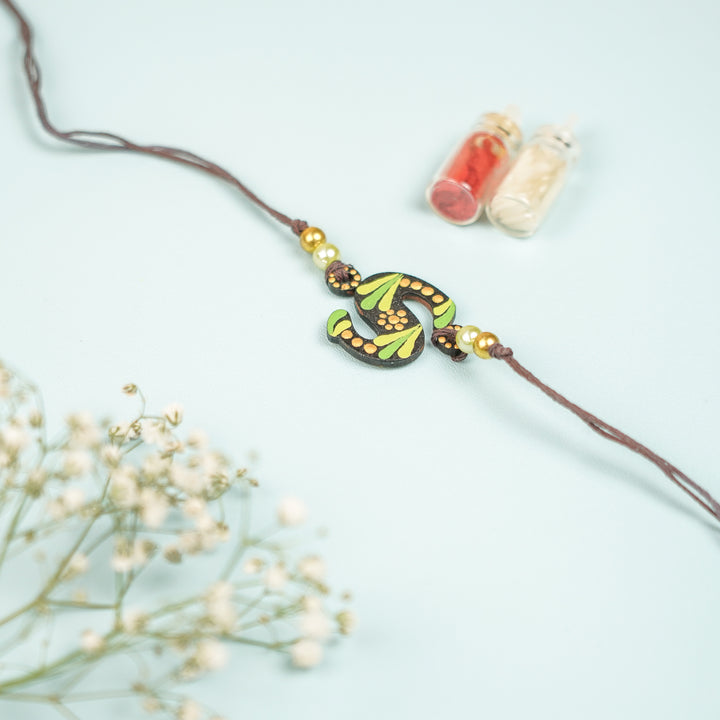 Personalized Hand Painted Dot Mandala Monogram Design Mdf Wood Rakhi - Front View (3)