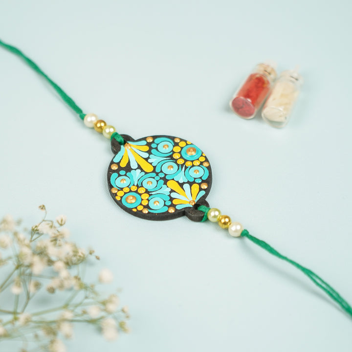 Customized Hand Painted Dot Mandala Ethnic Round Mdf Wood Rakhi - Close-up Front View