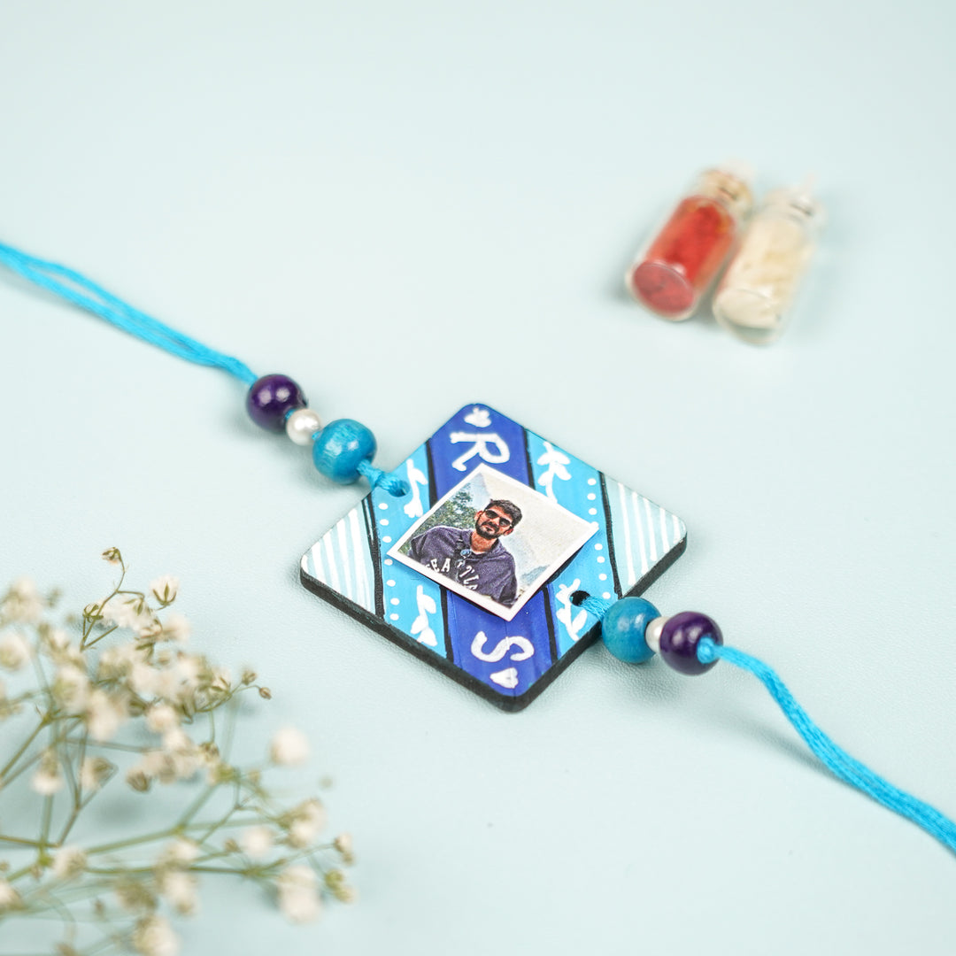 Photo Personalized Hand Painted Square Shape Mdf Wood Rakhi - Front View