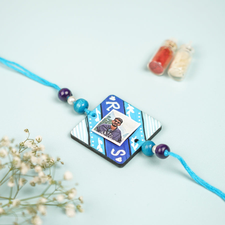 Photo Personalized Hand Painted Square Shape Mdf Wood Rakhi - Front View