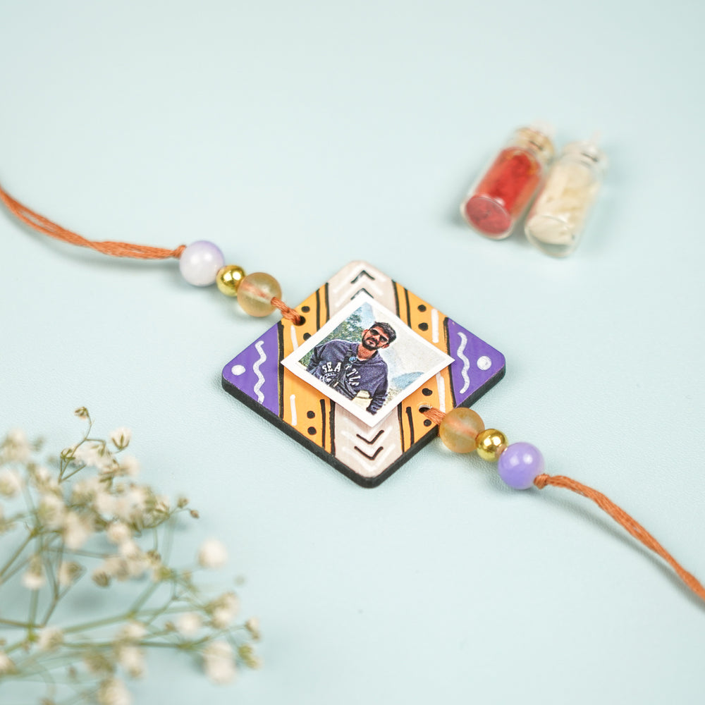 Photo Personalized Hand Painted Square Shape Mdf Wood Rakhi - Front View (2)