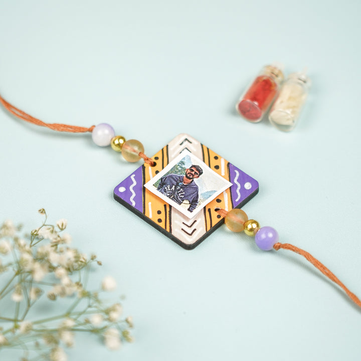 Photo Personalized Hand Painted Square Shape Mdf Wood Rakhi - Front View (2)