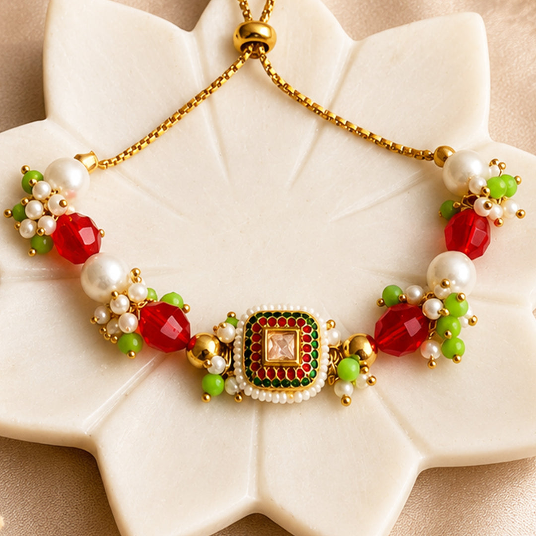 Hand-Knotted Red Meenakari Beaded Lumba Bracelet With Roli Chawal For Bhabhi