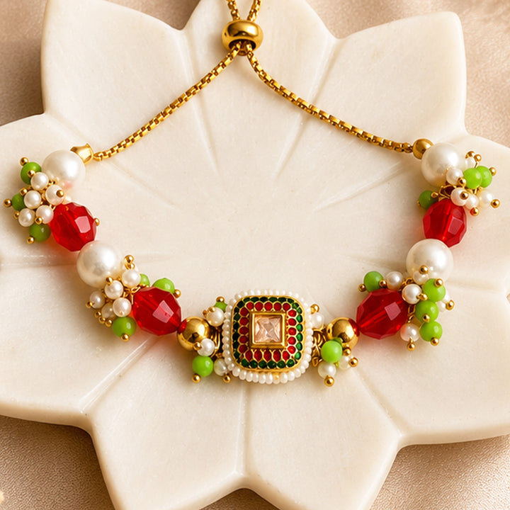 Hand-Knotted Red Meenakari Beaded Lumba Bracelet With Roli Chawal For Bhabhi