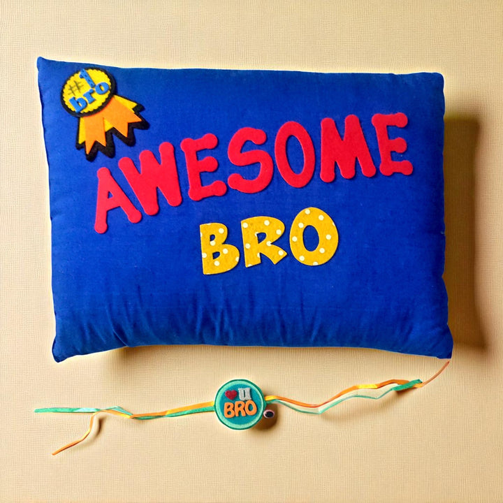 Handmade "Awesome Bro" Felt Rakhi Hamper With Roli Chawal | Includes 1 Pillow, 1 Rakhi