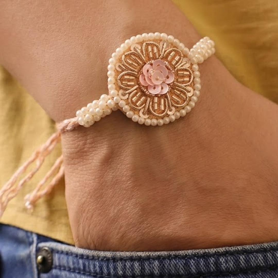 Handmade Blush Pink Floral Rakhi With Roli Chawal