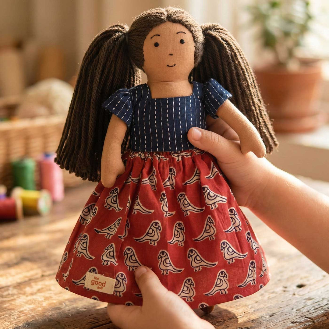 Nilah's (Younger Sister) Mira In Blue & Red Dress | Soft Hand-Stitched Sustainable Indian Play Doll