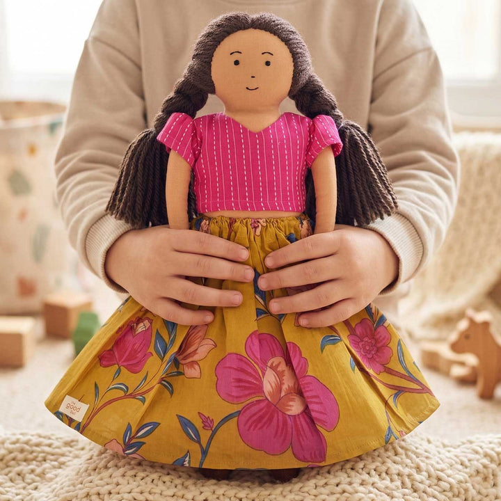 Nilah in Pink & Mustard Dress With Changeable Outfits | Soft Hand-Stitched Sustainable Indian Play Doll