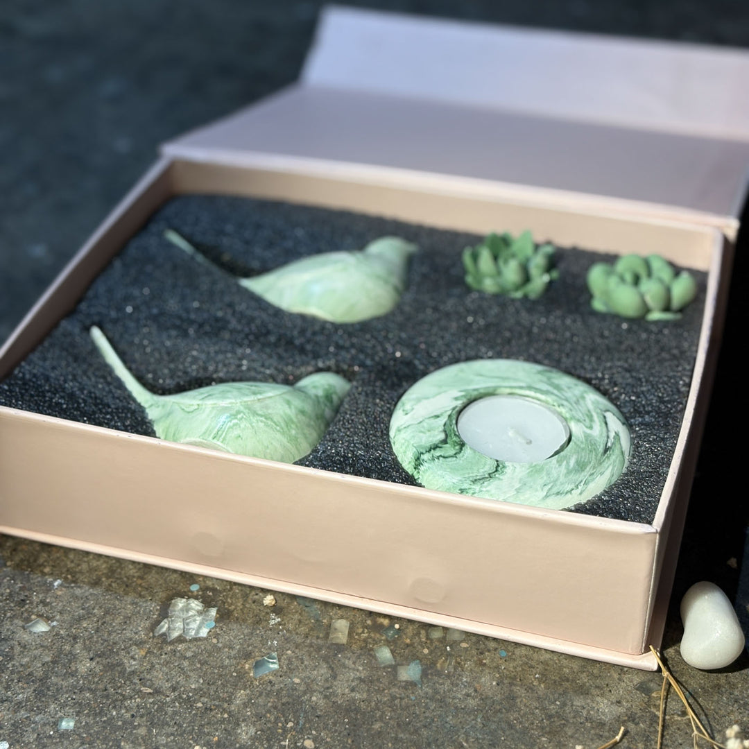 Handmade Concrete Twin Flame Hamper | Includes 2 Bird Centerpiece, 1 Candle Holder And 2 Succulents
