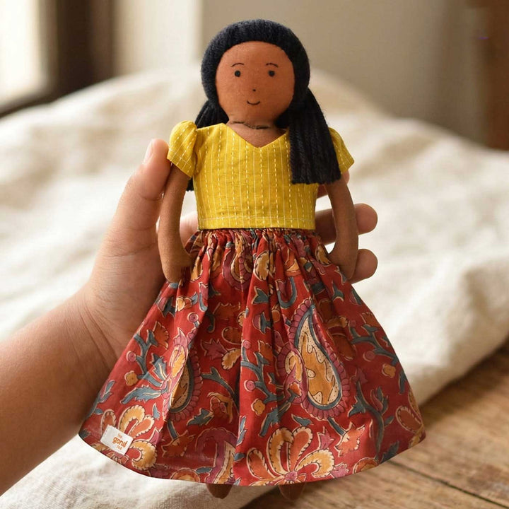 Nilah's (Elder Sister) Malai In Yellow & Orange Dress | Soft Hand-Stitched Sustainable Indian Play Doll