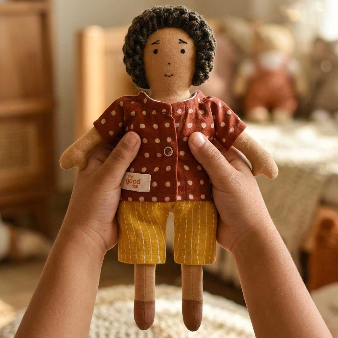 Nilah's (Younger Brother) Raagu In Red Shirt & Yellow Pant | Soft Hand-Stitched Sustainable Indian Play Doll
