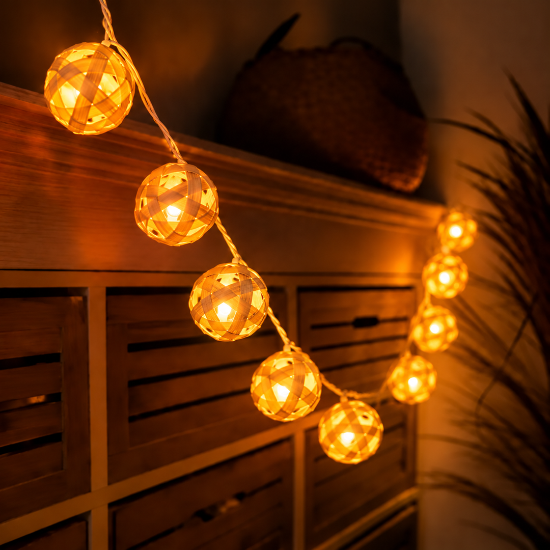Star Full Moon Handcrafted Beige Bamboo LED Fairy Light For Home Decor