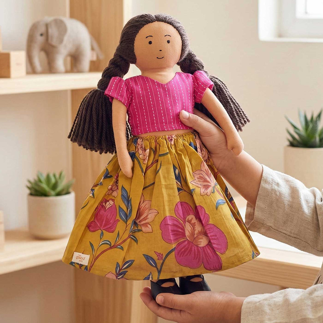 Nilah in Pink & Mustard Dress With Changeable Outfits | Soft Hand-Stitched Sustainable Indian Play Doll