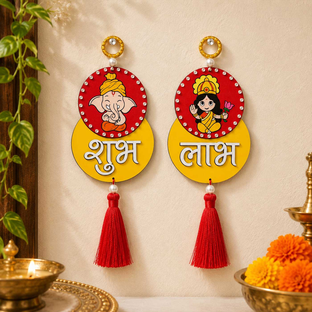 2 Pc | Hand-Painted Lakshmi And Ganesh Ji Design MDF Shubh Labh Hangings