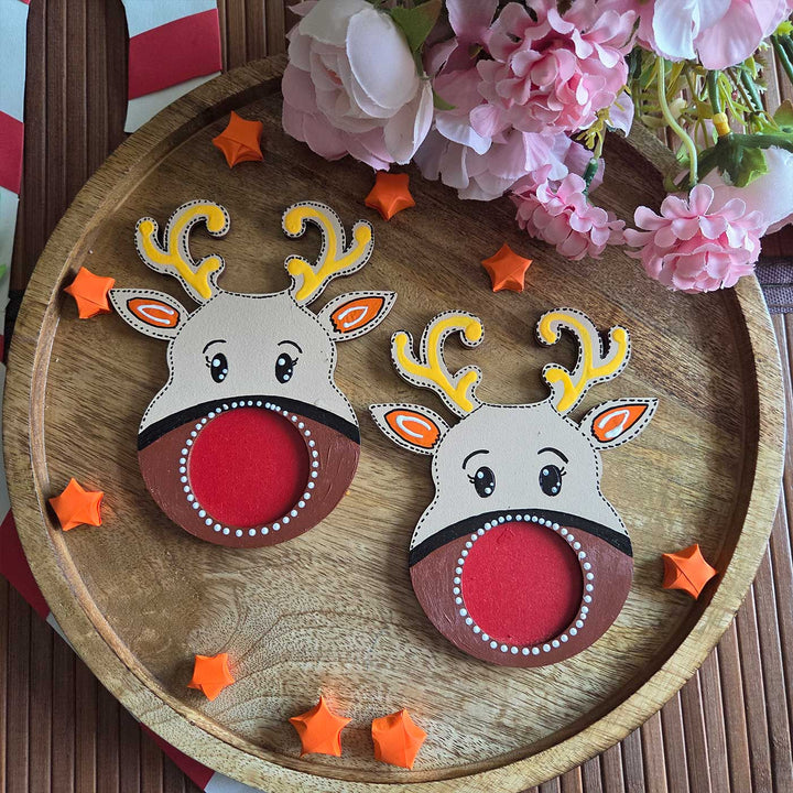 2 Pc | Handmade Wooden Colorful Reindeer Tealight Holder